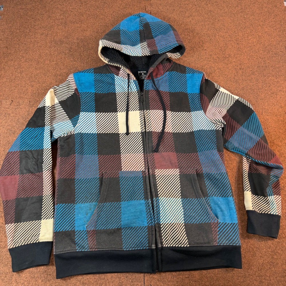 Zoo York Hoodie Mens Medium Sherpa Lined Plaid Full Zip Skateboard Blue Burgundy